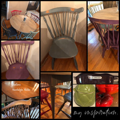 Custom Painted Furniture (Client’s Dining Table/Six Chairs) ﻿Customized Client’s Dining Table/Six Chairs.  ﻿﻿Using the Client’s  Bakeware as my inspiration, together we were able to bring an antique table and chairs she didnt care for to a new vibrant color that suited her style.  Chairs were painted with Chalk Style Paint in tomato, eggplant, artichoke and gray like colors and sealed with wax.  Table was painted with chalk style paint in a gray color, table top was completed with a gray was