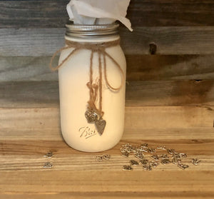 Kleenex Holder (Ball Mason Jar) Used Wise Owl (Antique Villa) Chalk Synthesis Paint on this Ball Mason Jar Kleenex Holder Tied w/Twine Bow &amp; Heart Accent Charms.❤️