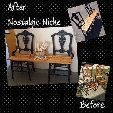 Repurposed Bench Repurposed from Two Antique Dining Chairs painted with Chalk Style Paint in Black and sealed with wax.  The seat was created with pine 1x4 slats varnished.