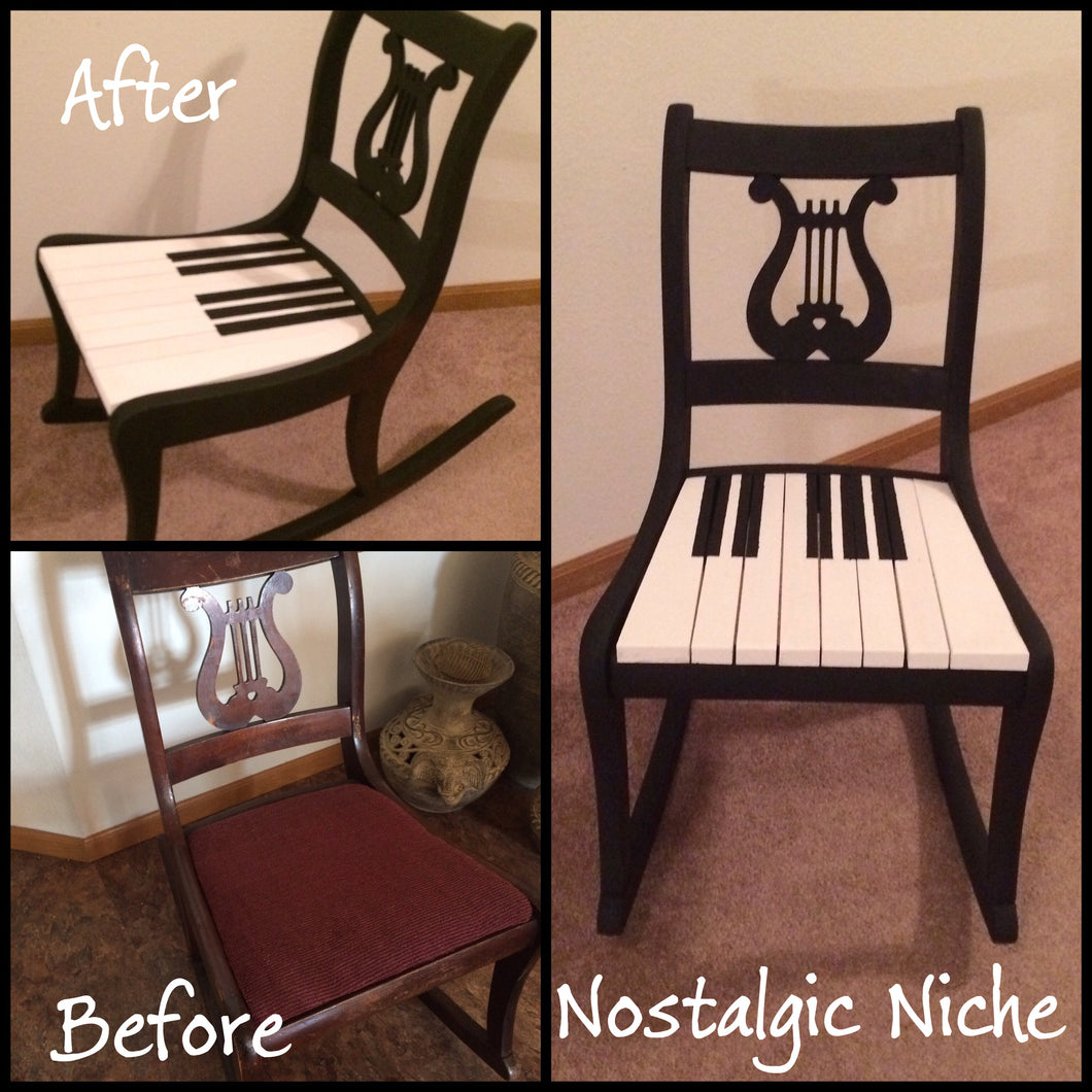 Piano Key Rocker Antique Lyre Harp Back Rocker repurposed into this unique Piano Key Rocker.  Painted with Chalk Style Paint in Black and White. The Seat was replaced with individual slats painted like piano keys.  This piece of furniture caught a lot of attention.  I plan on doing a chair (like this rocker) in the near future.