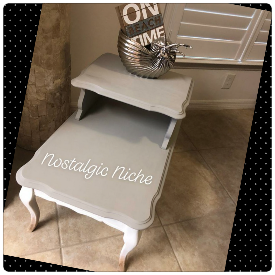 Coastal Style End Table Wise Owl Chalk Synthesis Paint (Gray Linen Ombre into Antique Villa w/natural tip feet), sealed with Wise Owl Matte Varnish.   28” long x 19 1/4” wide x 22” tall + shipping* ONLY IN THE 48 CONTIGUOUS UNITED STATES*Please message me for an exact shipping quote, be sure to include your zip code.  Shipping large pieces usually takes anywhere from 2-6 weeks.  Local pick up is available in Naples FL area~PLEASE NOTE~ALL SALES ARE FINAL.  There are no refunds after 48 hours of