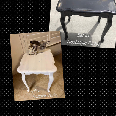 End Table End Table...Wise Owl (Antique Villa) Chalk Synthesis Paint with an Antique Villa Wash Top, sealed with Wise Owl Matte Varnish.  23 1/2” (L) x 18” (w) x  21” (tall) + shipping* ONLY IN THE 48 CONTIGUOUS UNITED STATES*Please message me for an exact shipping quote, be sure to include your zip code.  Shipping large pieces usually takes from 2-6 weeks.  Local pick up is available in Naples FL area.~PLEASE NOTE~ALL SALES ARE FINAL.  There are no refunds after 48 hours of purchasing the item