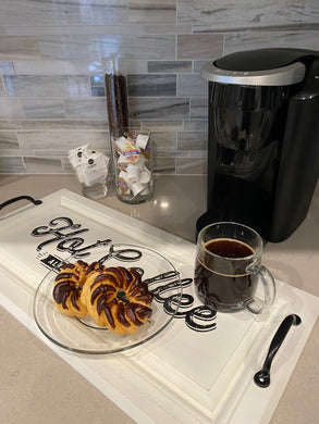 Serving Tray (Hot Coffee) L☕️VE This HOT COFFEE always brewed fresh WHITE SERVING TRAY (6”x18”) with Black Industrial Handles is the perfect addition to your Coffee Station or Coffee Bar