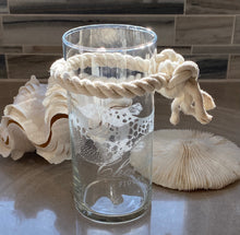 Load image into Gallery viewer, COAS⚓️AL COLLECTION ~ Etched Fish Glass Vase This COAS⚓️AL  COLLECTION cylinder Etched Glass Fish Design Vase (3 1/2” x 6”) is embellished with a cotton knotted rope with frayed ends.  What a unique addition to your Home Décor...add flowers, driftwood pieces or shells